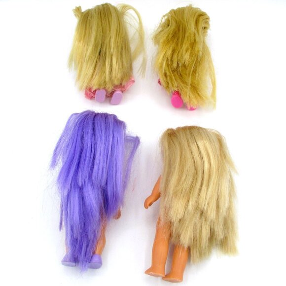 Set Of 4 Miniature Dolls With Blonde Purple Hair 2 ouitfits 3 pr Shoes 4" tall - Picture 2 of 2